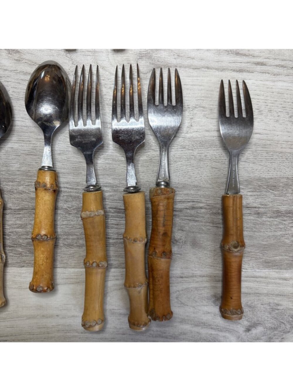 Vtg 29pc Bamboo Handle Flatware Silverware and Serving Pieces Stainless Japan - Picture 13 of 14